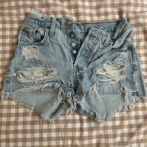 Levi's Light Blue Distressed High-Rise Denim Shorts